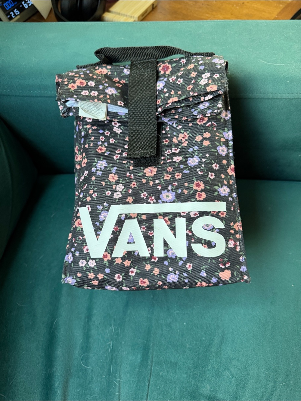 Vans Black Floral Lunch Tote with Pink & Purple Flowers